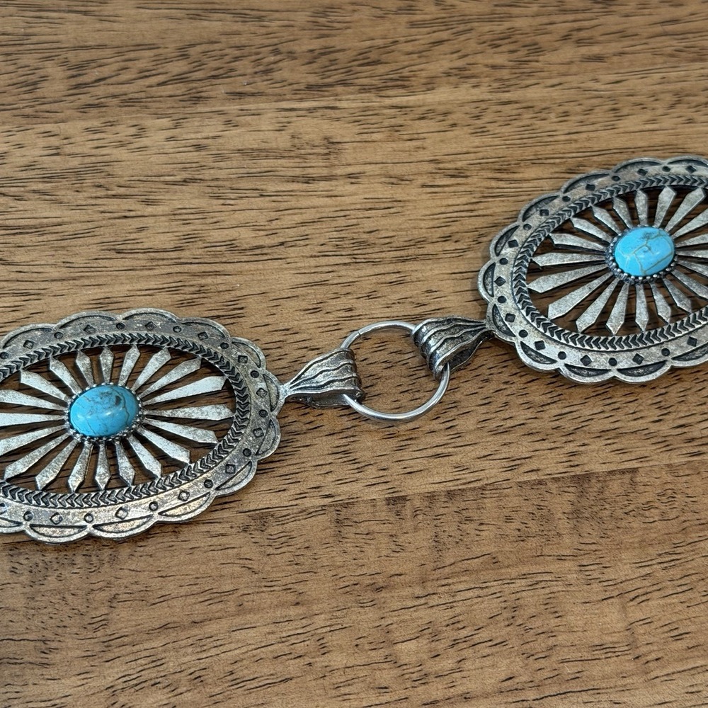 Southwestern Concho Style Belt Faux Turquoise Silver Tone Medallion Western 40" - Picture 3 of 6